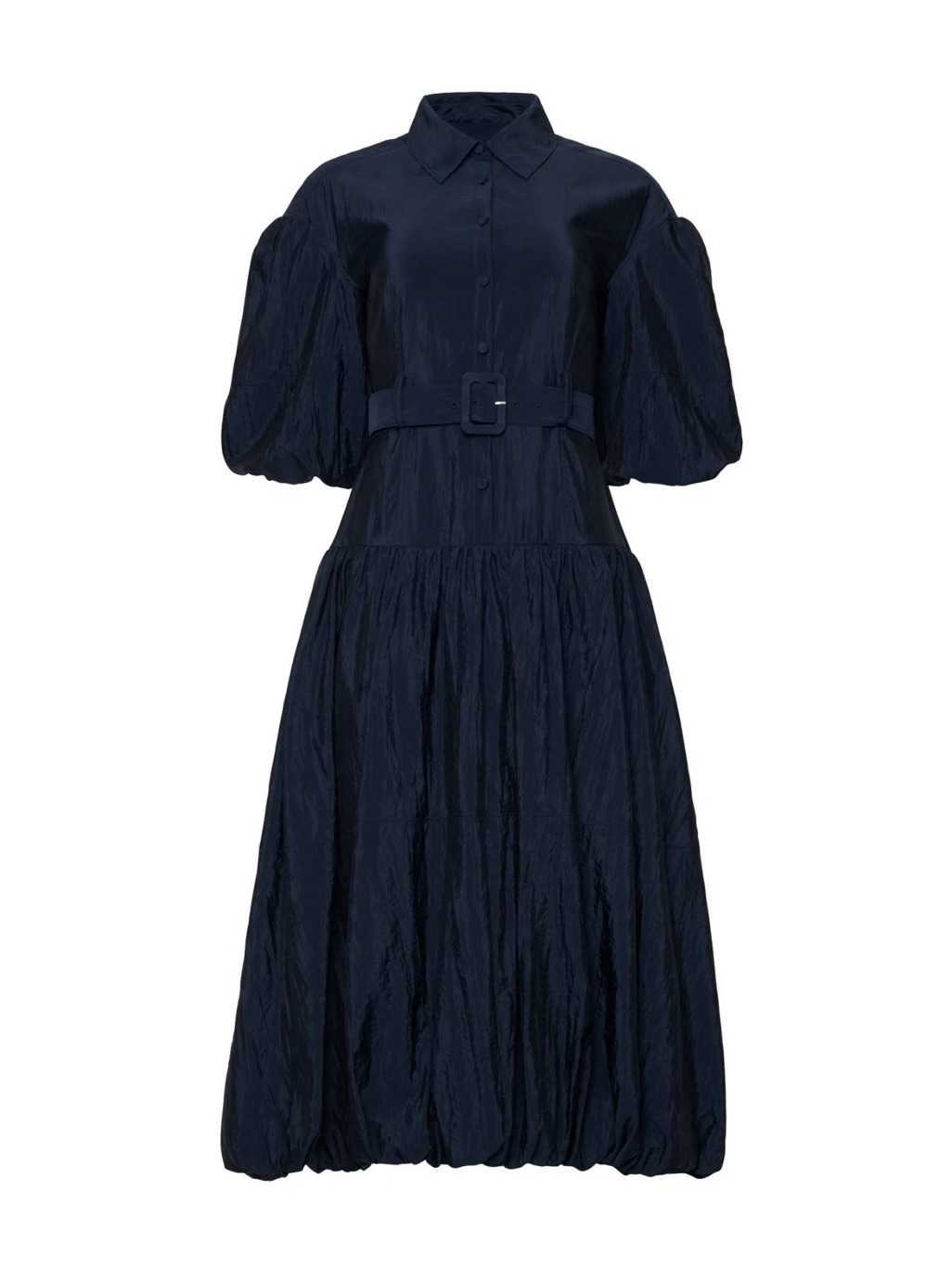 Cinq A Sept Navy Puff-Sleeve Belted Midi Dress